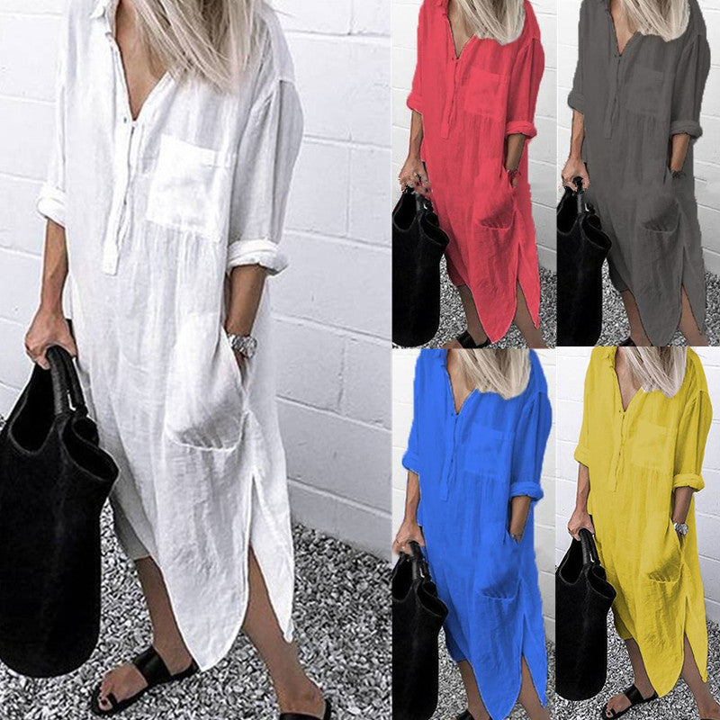 Robe longue fendue unie simple à serrer pour femme