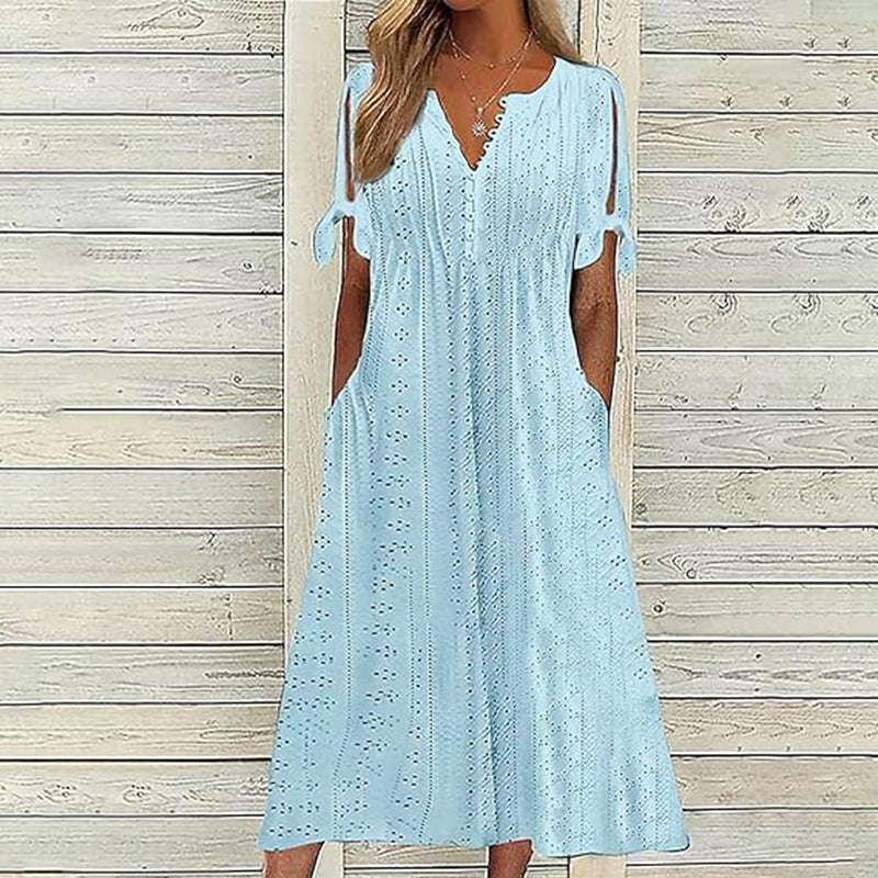 Robe longue d'été en broderie anglaise à col en V pour femme, manches courtes, coupe ample évasée pour la plage