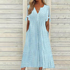 Robe longue d'été en broderie anglaise à col en V pour femme, manches courtes, coupe ample évasée pour la plage