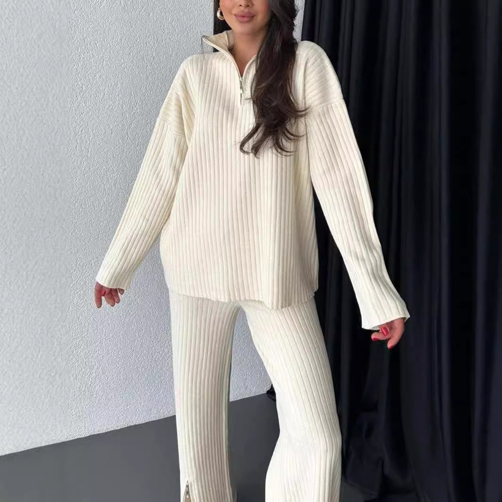 Vêtements d'automne pour femmes Couleur unie Fermeture éclair Tricot Col roulé Côtelé Tenue d'intérieur Ensemble deux pièces