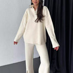 Vêtements d'automne pour femmes Couleur unie Fermeture éclair Tricot Col roulé Côtelé Tenue d'intérieur Ensemble deux pièces