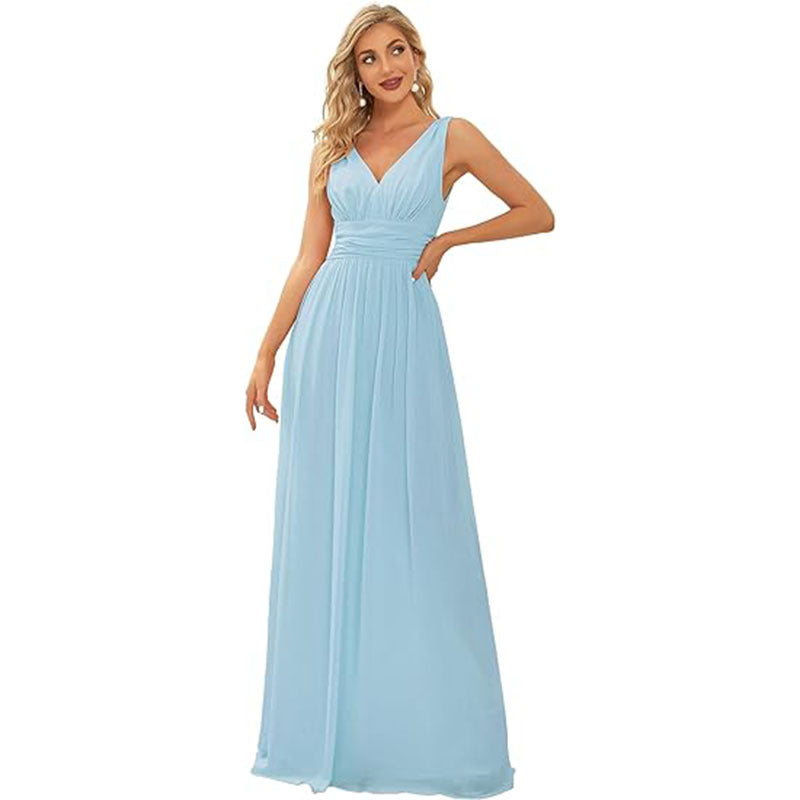 Robe longue de soirée élégante en mousseline sans manches avec décolleté en V profond pour femme