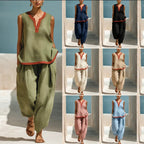 Ensemble Femme Chic en Coton-Lin Deux Pièces Pantalon Large et Haut Color-Block Contraste pour l'Été