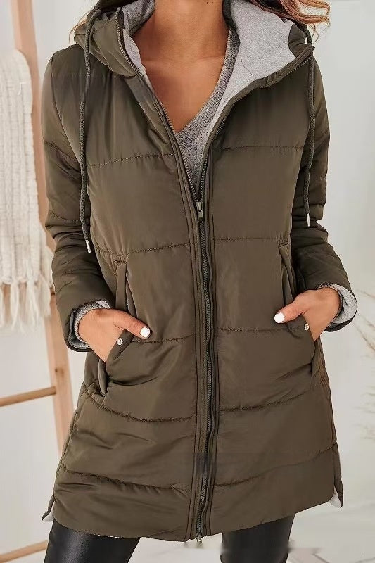 Manteau Long en Coton Uni avec Capuche et Poches pour Femme