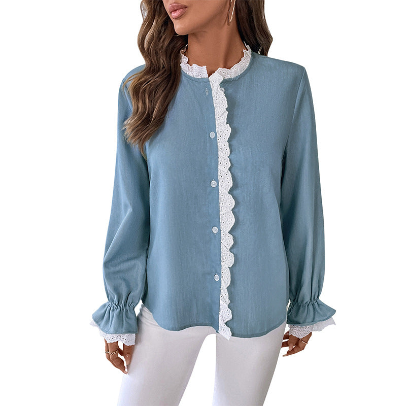 Gilet simple boutonnage Col dentelle Chemise bleue pour femme