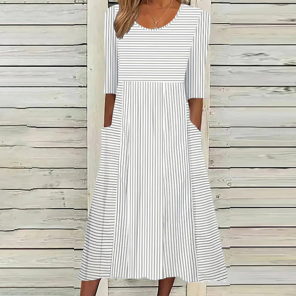 Robe mi-longue rayée décontractée à col rond et manches courtes pour femmes