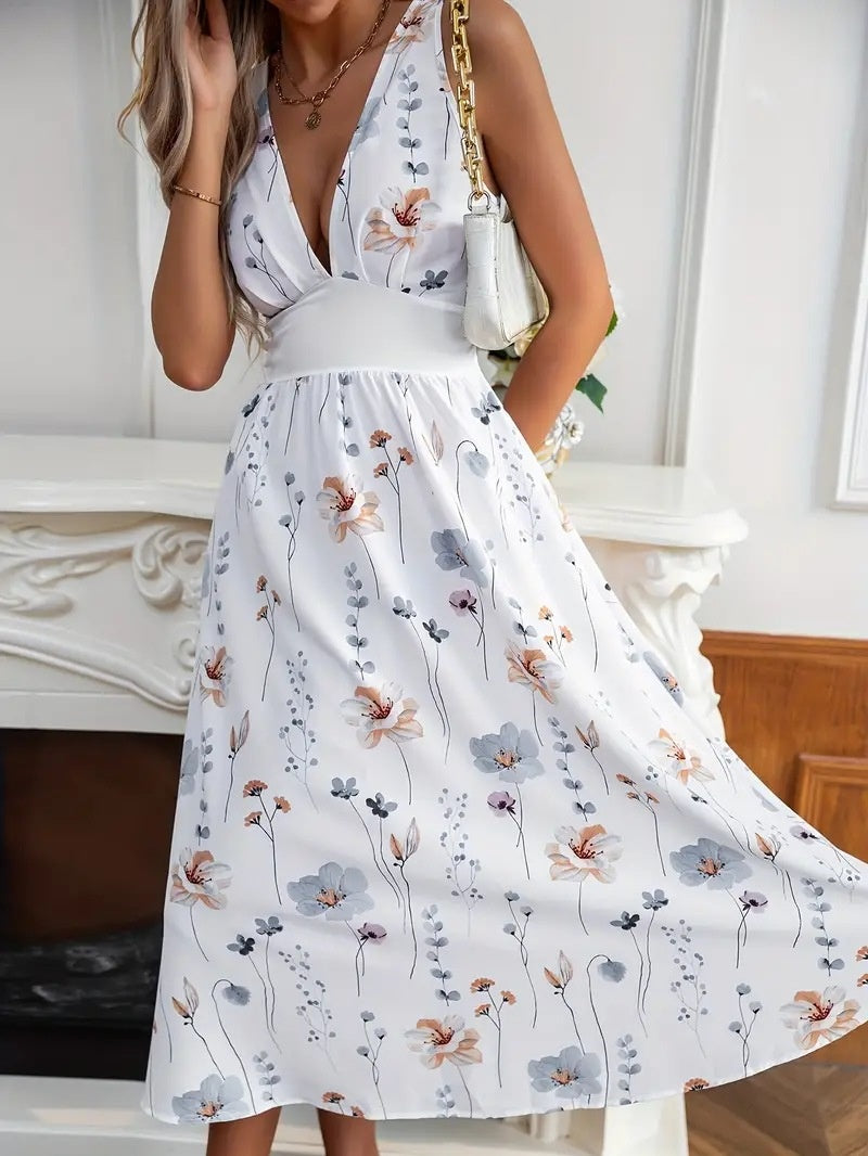 Nouvelle robe d'été sans manches à col en V, taille haute imprimée pour femmes
