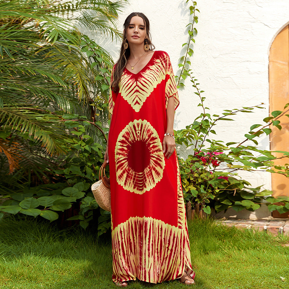 Robe longue en rayonne imprimée à col en V pour les vacances