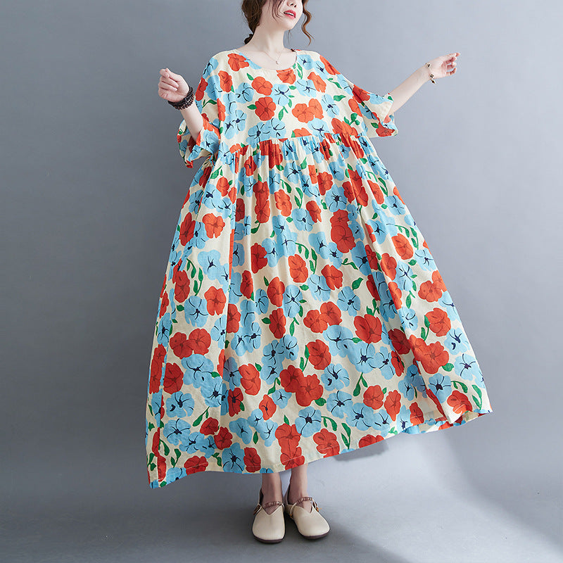 Robe ample en coton et lin imprimée à manches courtes de grande taille pour femmes