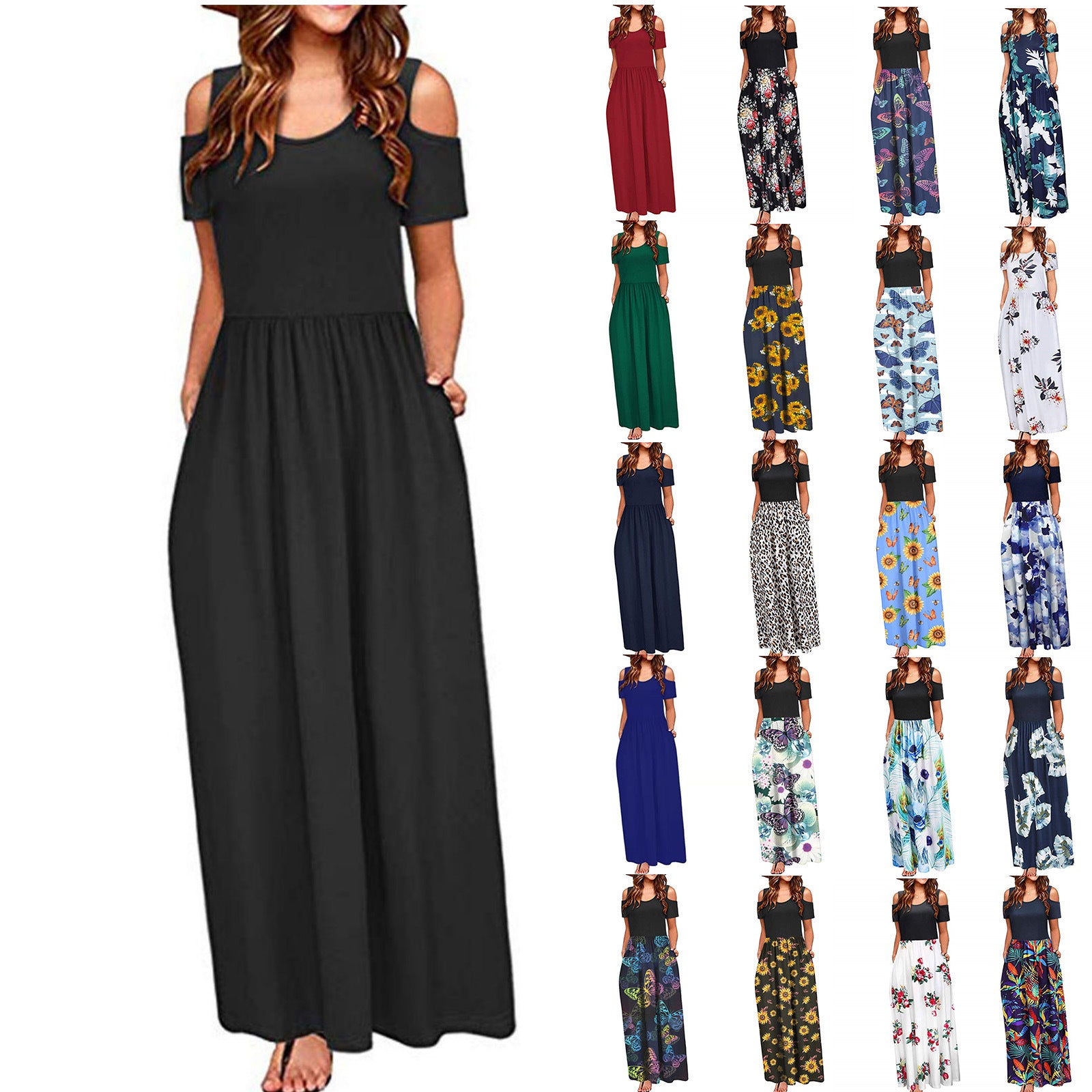 Robe longue à manches courtes imprimé fleurs multicolores