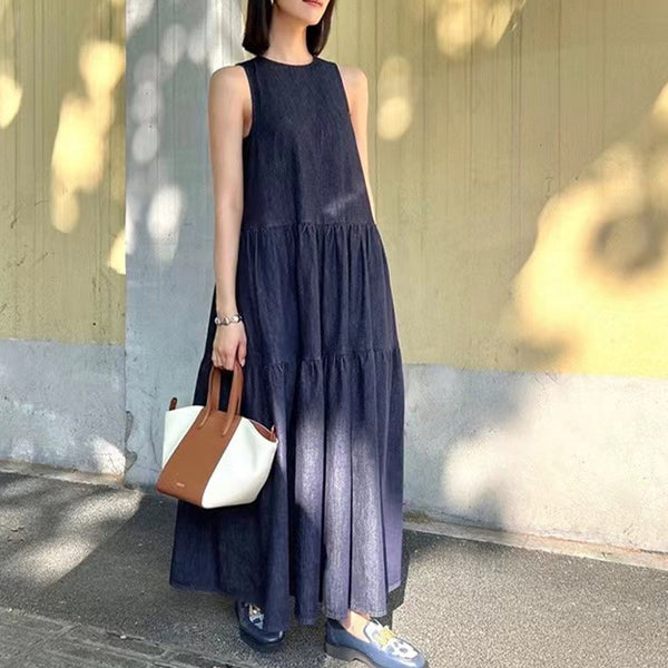 Robe mi-longue en jean sans manches pour femme