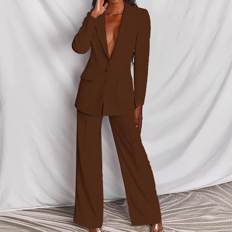 Ensemble 2 pièces décontracté blazer à revers boutonné et pantalon droit pour le bureau, les trajets quotidiens et les affaires
