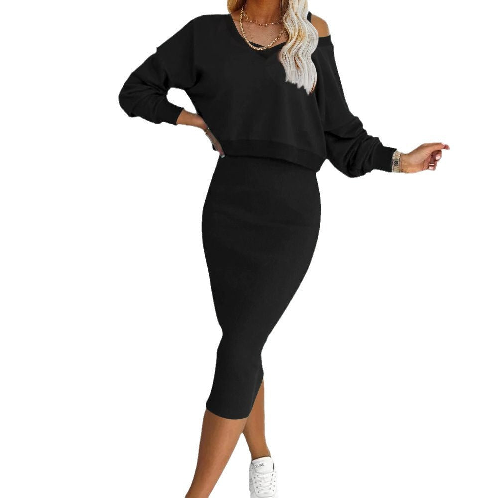 Ensemble deux pièces pour femme, costume décontracté, sweat-shirt à manches longues et col en V, et robe sans manches