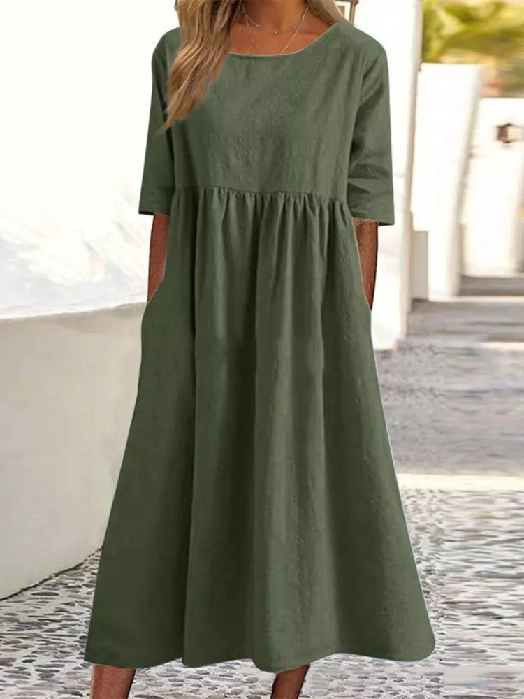 Robe décontractée en coton et lin à manches courtes et poches pour femme