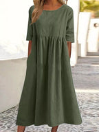 Robe décontractée en coton et lin à manches courtes et poches pour femme