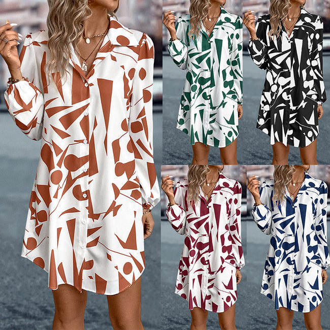 Robe imprimée à revers et manches lanternes pour femme Hover Image