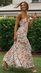Robe longue sans manches en mousseline de soie à col en V et patchwork