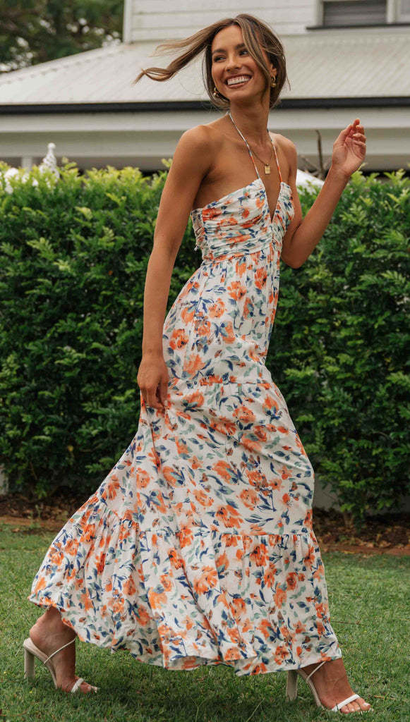Robe longue sans manches en mousseline de soie à col en V et patchwork
