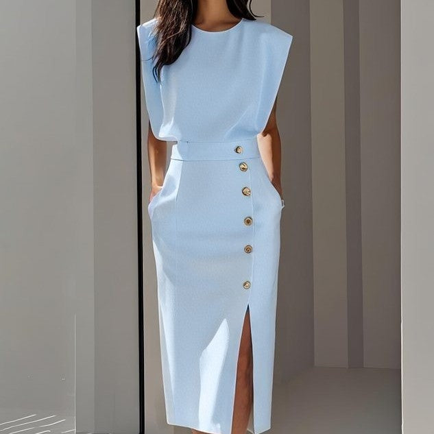 Robe midi décontractée sans manches fendue boutonnée d'été pour femme