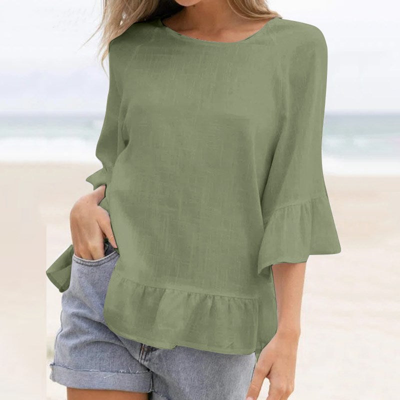 T-shirt décontracté à volants en coton et lin de couleur unie pour femme, chemisier de plage