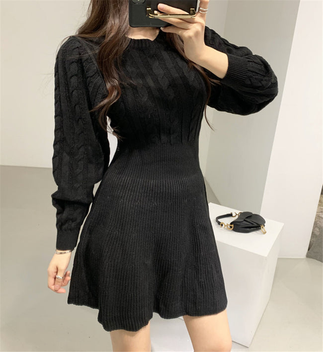 Round Neck Linen Pattern Waist Is Thinner A-line Knit Dress Female Hover Image
