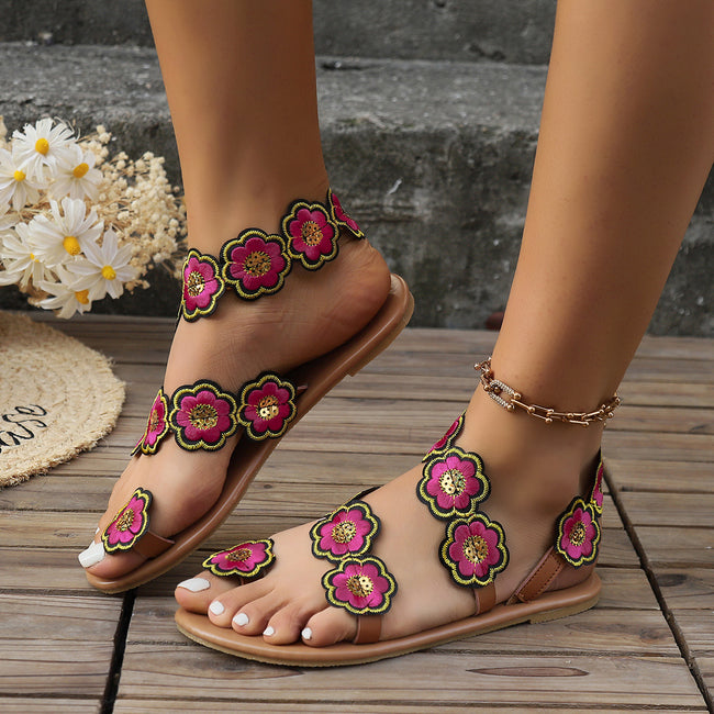 Sandales Plates Femme Style Ethnique à Fleurs, Chaussures de Plage Décontractées d'Été avec Bout à Clip Main Image