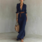 Robe longue irrégulière avec ceinture, chemise habillée à revers boutonnés, manches longues, mode et élégance, tenue décontractée pour le bureau ou les trajets quotidiens pour femmes