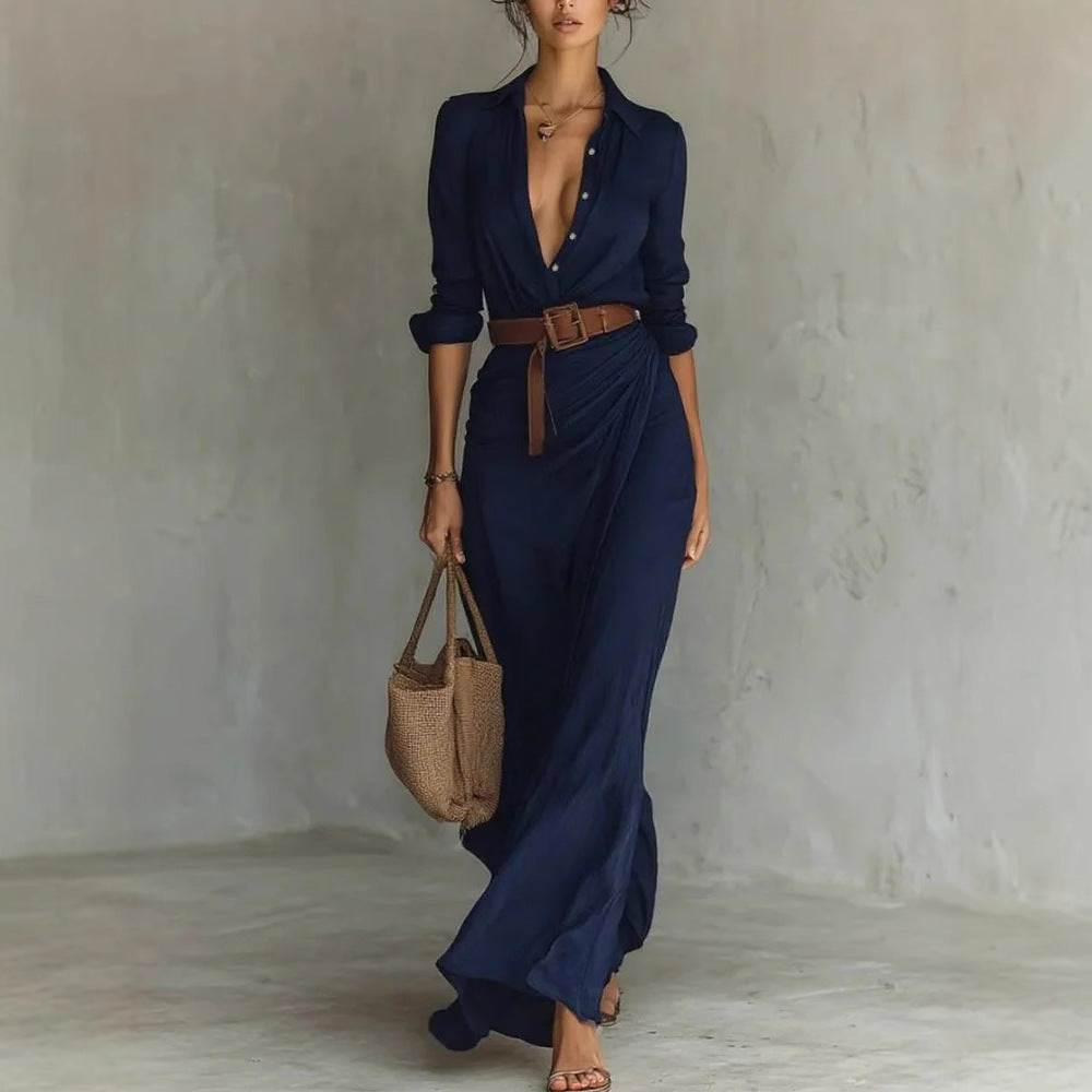 Robe longue irrégulière avec ceinture, chemise habillée à revers boutonnés, manches longues, mode et élégance, tenue décontractée pour le bureau ou les trajets quotidiens pour femmes