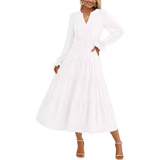 Robe longue fluide à volants superposés pour l'automne