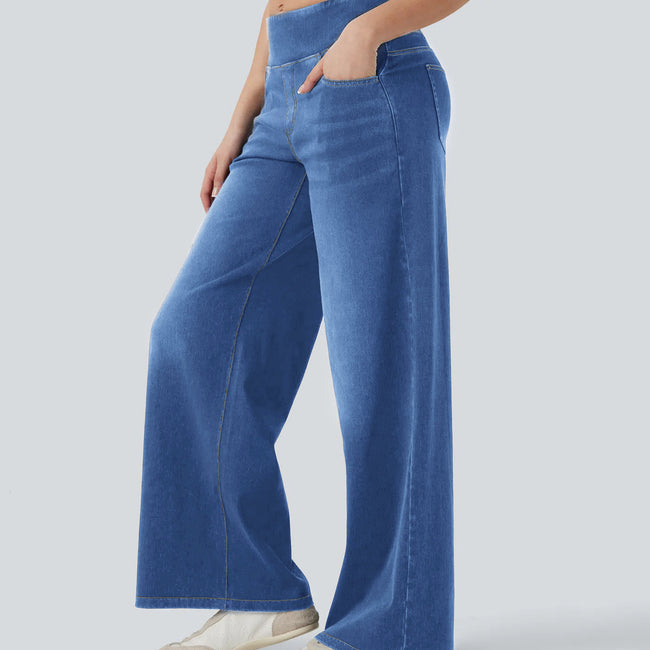 Jean ample et extensible à jambe large et taille haute pour femme Main Image