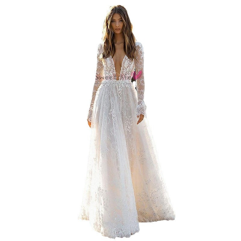 Robe de soirée longue en dentelle à manches longues pour femme