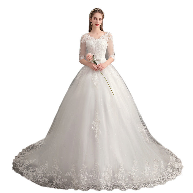 Robe de mariée traînante col V profond dentelle taille haute manches longues Main Image