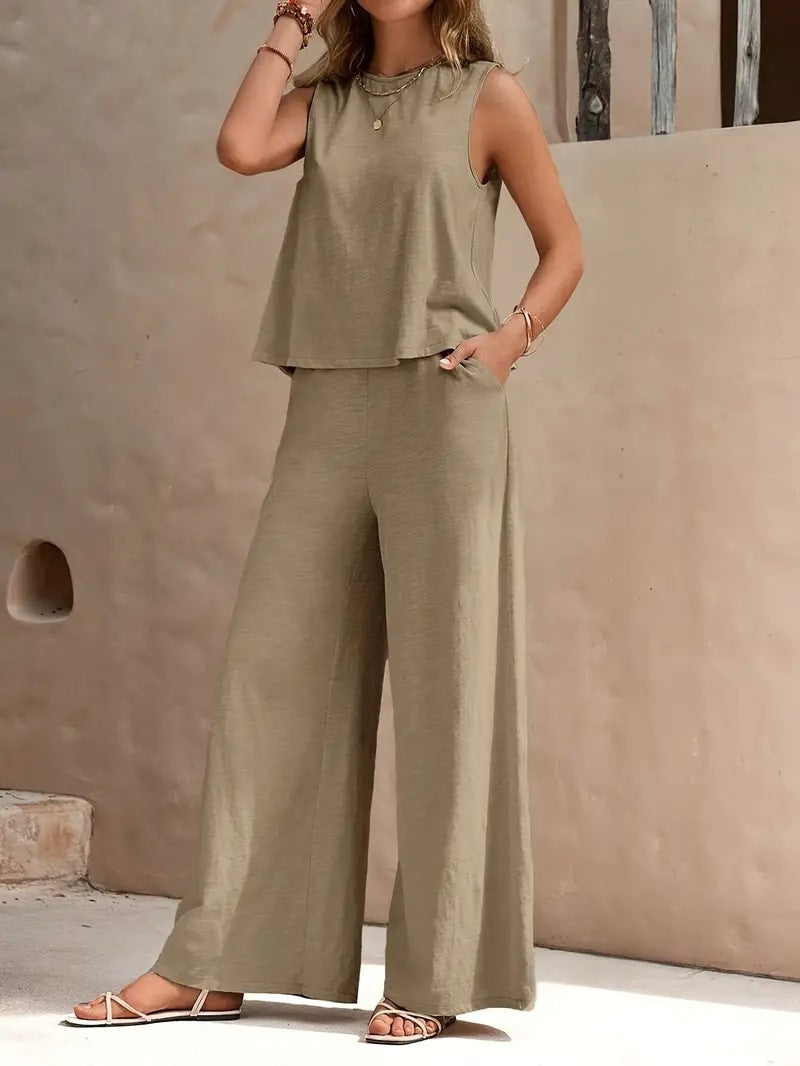 Ensemble pantalon uni décontracté et ample pour femmes, costume deux pièces élégant pour le printemps et l'été, ensemble pantalon complet, tenue féminine