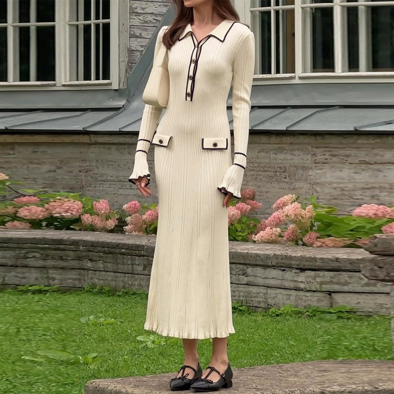 Robe tricotée à manches trompette, mode slim, col revers, boutonnée, pour femme, collection automne-hiver