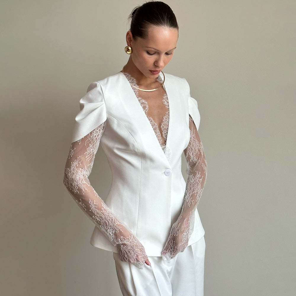 Blazer pour femme à panneau de dentelle et boucle unique