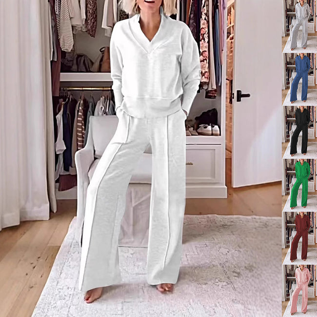 Ensemble Survêtement Femme, Pull Col Chemise, Haut Col V Manches Longues et Pantalon Ample Droit, Tenue Décontractée Mode Hover Image