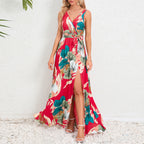 Robe longue sans manches col en V imprimé floral mode d'été avec ceinture et fente pour femme