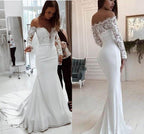 Robe de mariée longue asymétrique en dentelle à manches longues Fashion