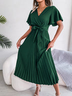 Femmes Robe longue plissée fluide élégante col V croisé