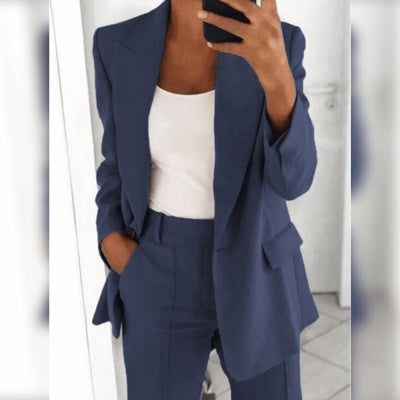 Vêtements pour femmes : Ensemble décontracté Ins avec blazer à revers, manches longues et pantalon slim à poches