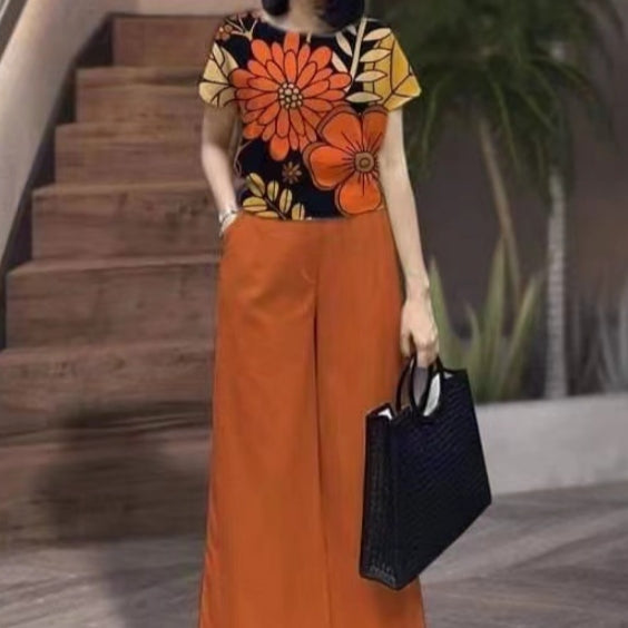 Ensemble Deux Pièces Été Transfrontalier Mode Couleur Unie Grande Taille Ample Manches Courtes Imprimé Pantalon