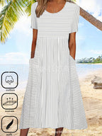 Robe mi-longue rayée décontractée à col rond et manches courtes pour femmes