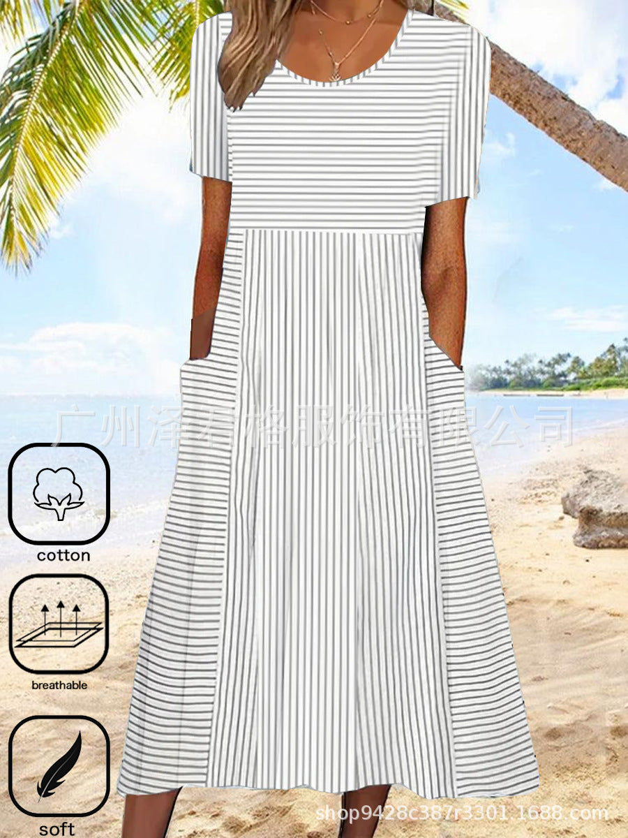 Robe mi-longue rayée décontractée à col rond et manches courtes pour femmes
