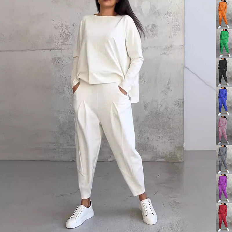 Ensemble tailleur irrégulier femme - Haut à manches longues et col rond et pantalon sarouel ample avec poches - Vêtements pour femmes style Ins