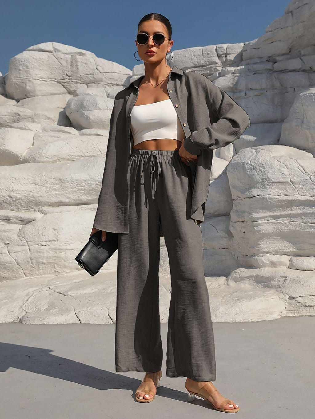Ensemble Deux Pièces Femme Grande Taille Cardigan Manches Longues Élégant Costume Décontracté Couleur Unie