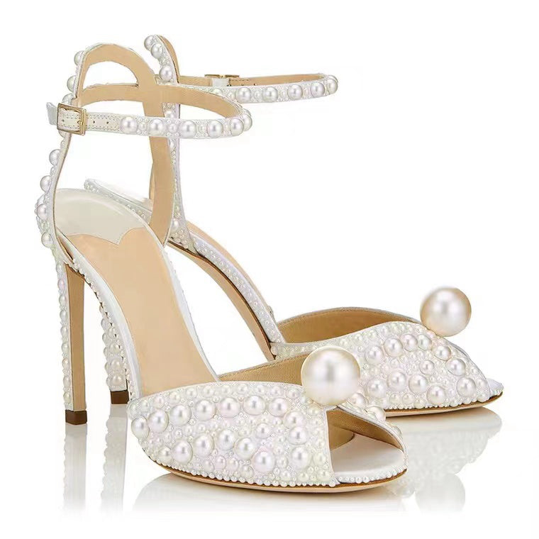 Chaussures de mariage pour femmes, sandales à perles et bout ouvert