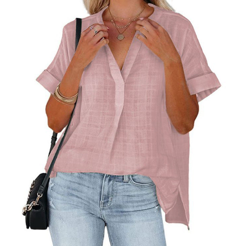 Chemise d'été ample pour femme à manches courtes et col en V