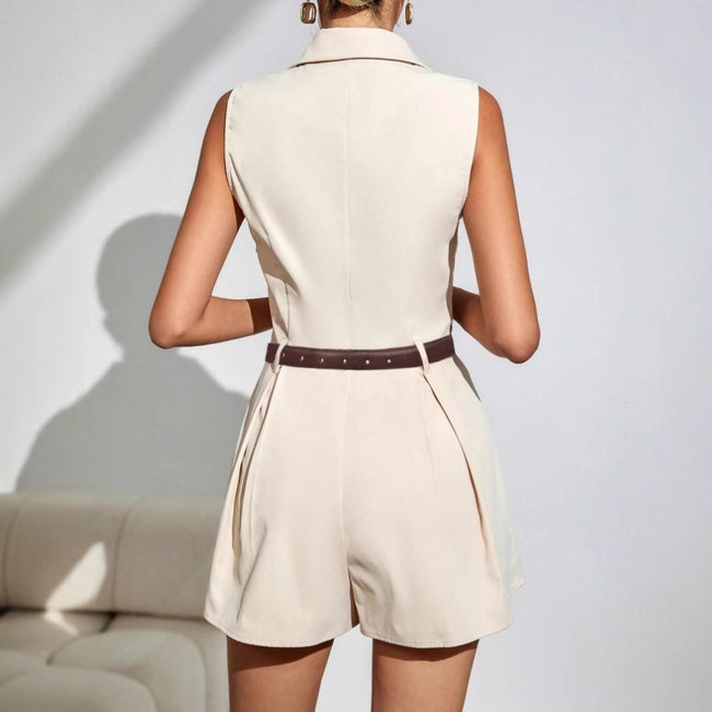 Combinaison plissée élégante à jambes larges et coupe courte pour le trajet quotidien Main Image
