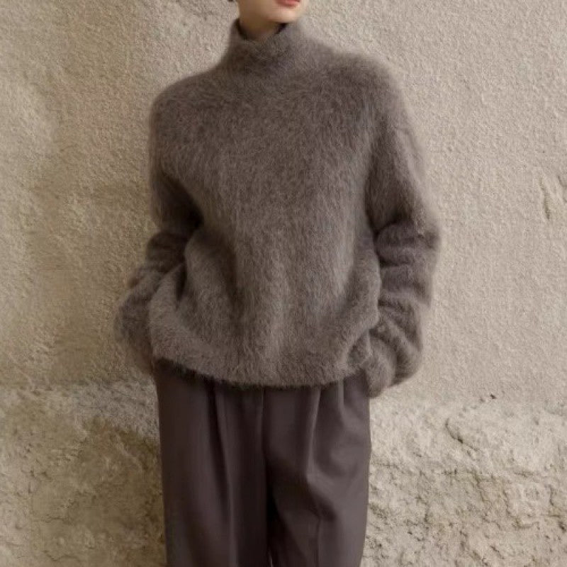 Pull col roulé en mohair gris pour femme