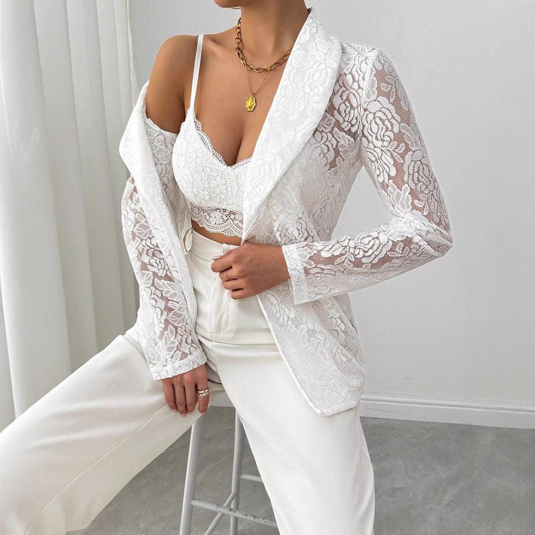 Blazer décontracté blanc brodé de dentelle pour femme